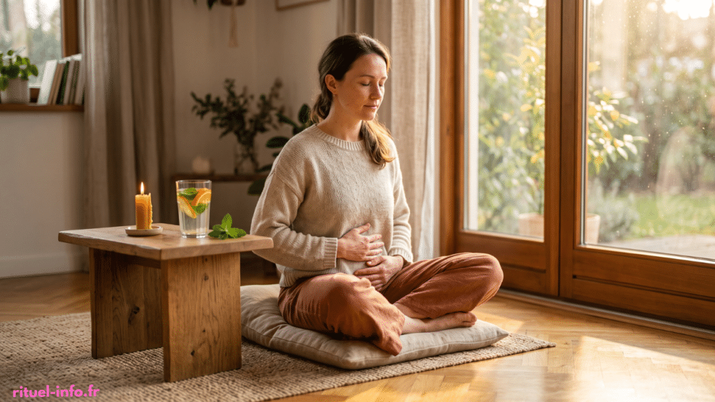 Femme sereine pratiquant la respiration consciente dans un intérieur lumineux pour cultiver l'harmonie intérieure et le bien-être durable