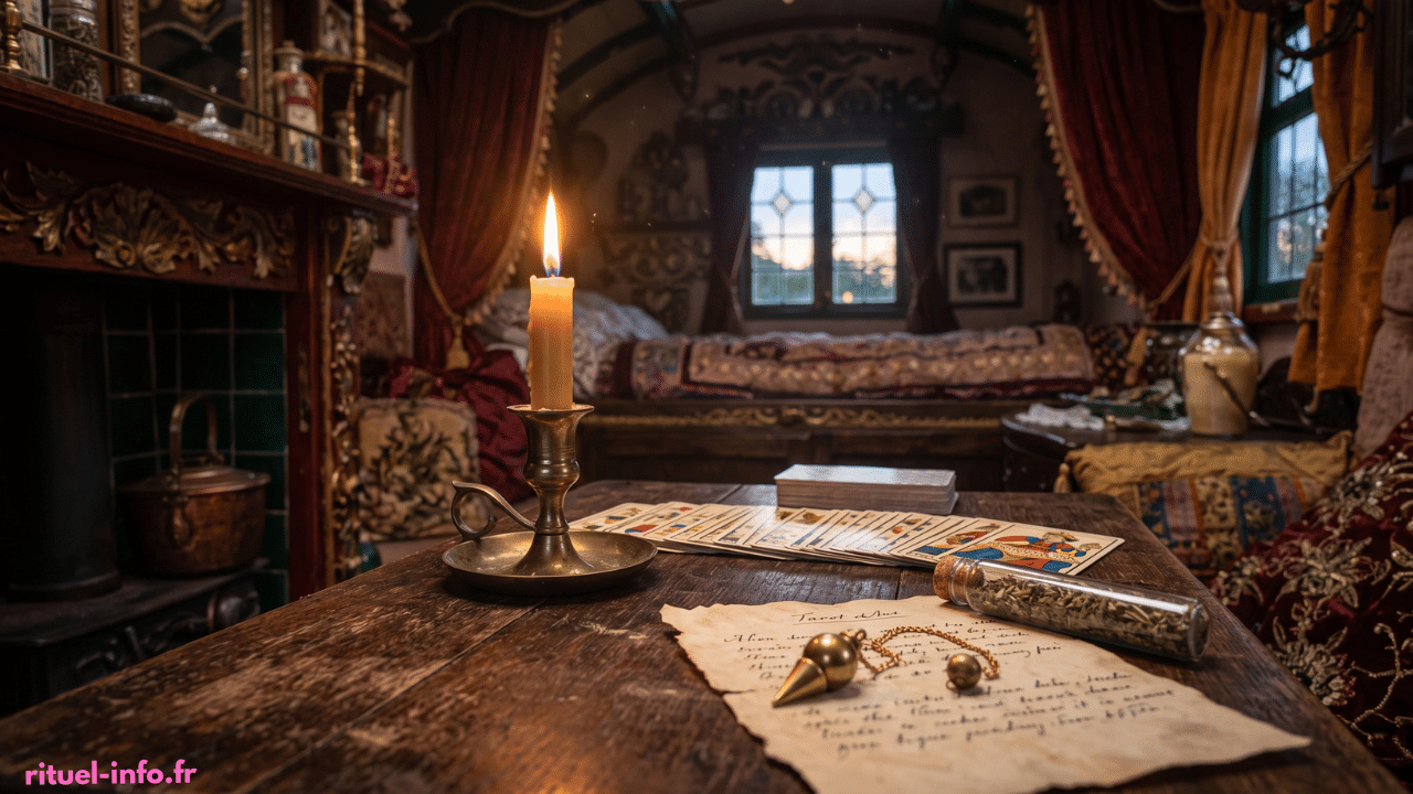 Table de divination dans une authentique roulotte tsigane avec cartes de tarot, pendule en laiton et bougie allumée pour une consultation de voyance ciblée