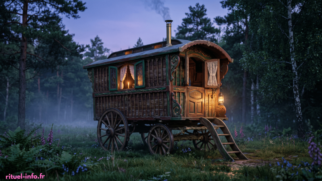 Roulotte tsigane traditionnelle en bois sculpté dans une clairière au crépuscule avec lanternes allumées pour une consultation de voyance