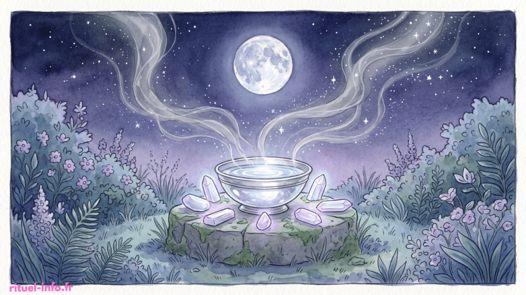 Rituel de libération énergétique par la lune avec cristaux de sélénite, coupe d'eau purificatrice et clair de lune bienfaisant