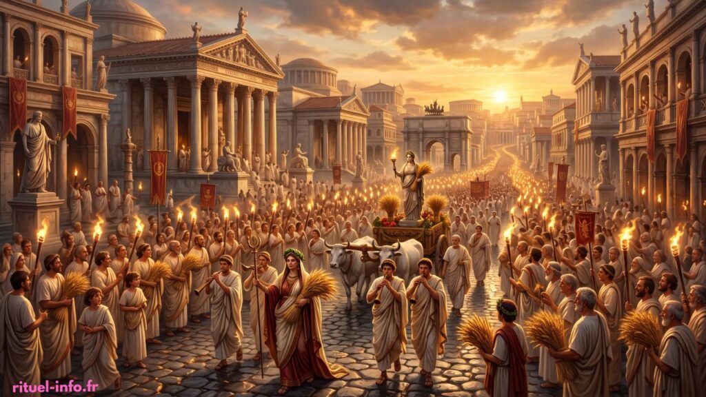 Cerialia Une grande procession romaine au crépuscule, les citoyens vêtus de blanc portant des torches et des gerbes de blé.