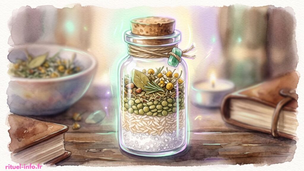 Gros plan à l'aquarelle sur une fiole en verre détaillant des couches successives de sel, de riz, de lentilles et d'herbes séchées.