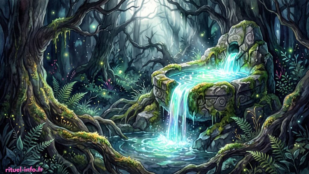 Illustration détaillée d'une vasque en pierre naturelle débordant d'une eau cristalline et luminescente sous les rayons d'une lune douce.