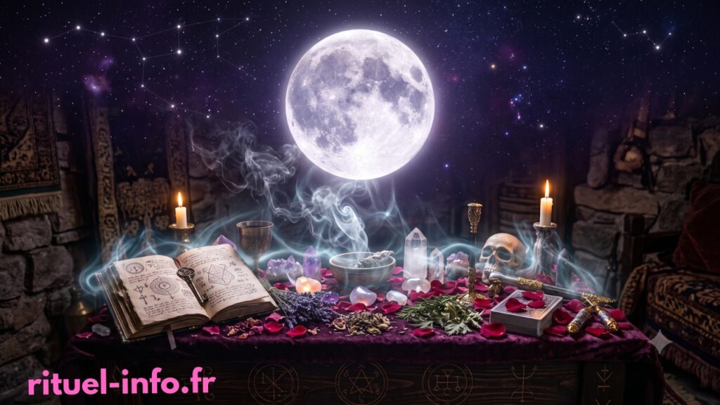 Table d'autel ésotérique avec bougies et cristaux pour rituels magiques