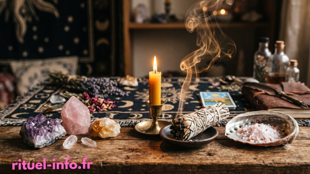 Éléments rituels de purification avec bougie, sauge et cristaux pour harmoniser les chakras.