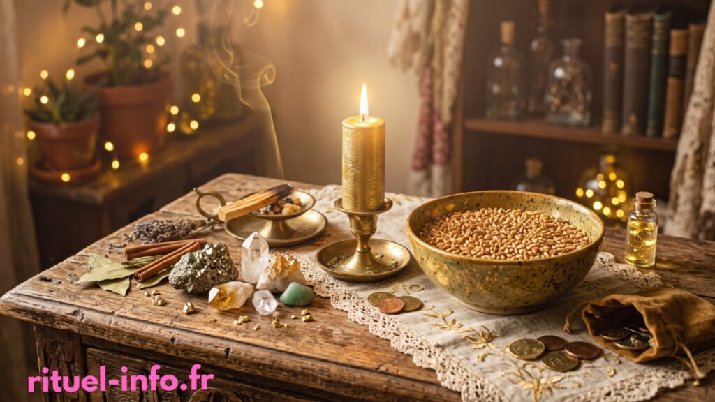 Autel de prospérité avec bougie dorée, pierres de citrine et ingrédients de purification.