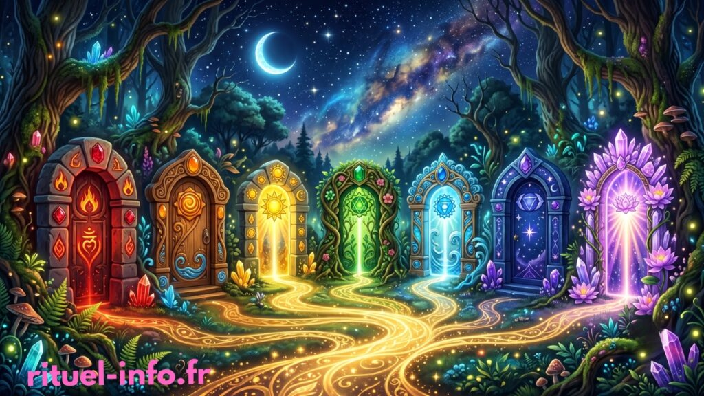 Représentation féerique de sept portes de lumière colorées symbolisant le voyage au cœur des chakras.