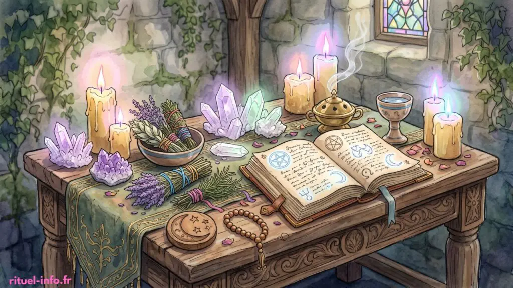 Peinture douce à l'aquarelle d'un autel en bois présentant une grande variété d'objets magiques, bougies, cristaux et herbes, baignés dans une lumière mystique.