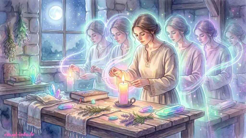 Peinture douce à l'aquarelle d'une personne sereine allumant une bougie, entourée d'échos lumineux subtils illustrant la répétition apaisante du même geste dans le temps.