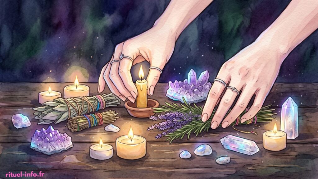Illustration à l'aquarelle de mains délicates disposant soigneusement des bougies, des herbes et des cristaux sur un autel avant de commencer un rituel.